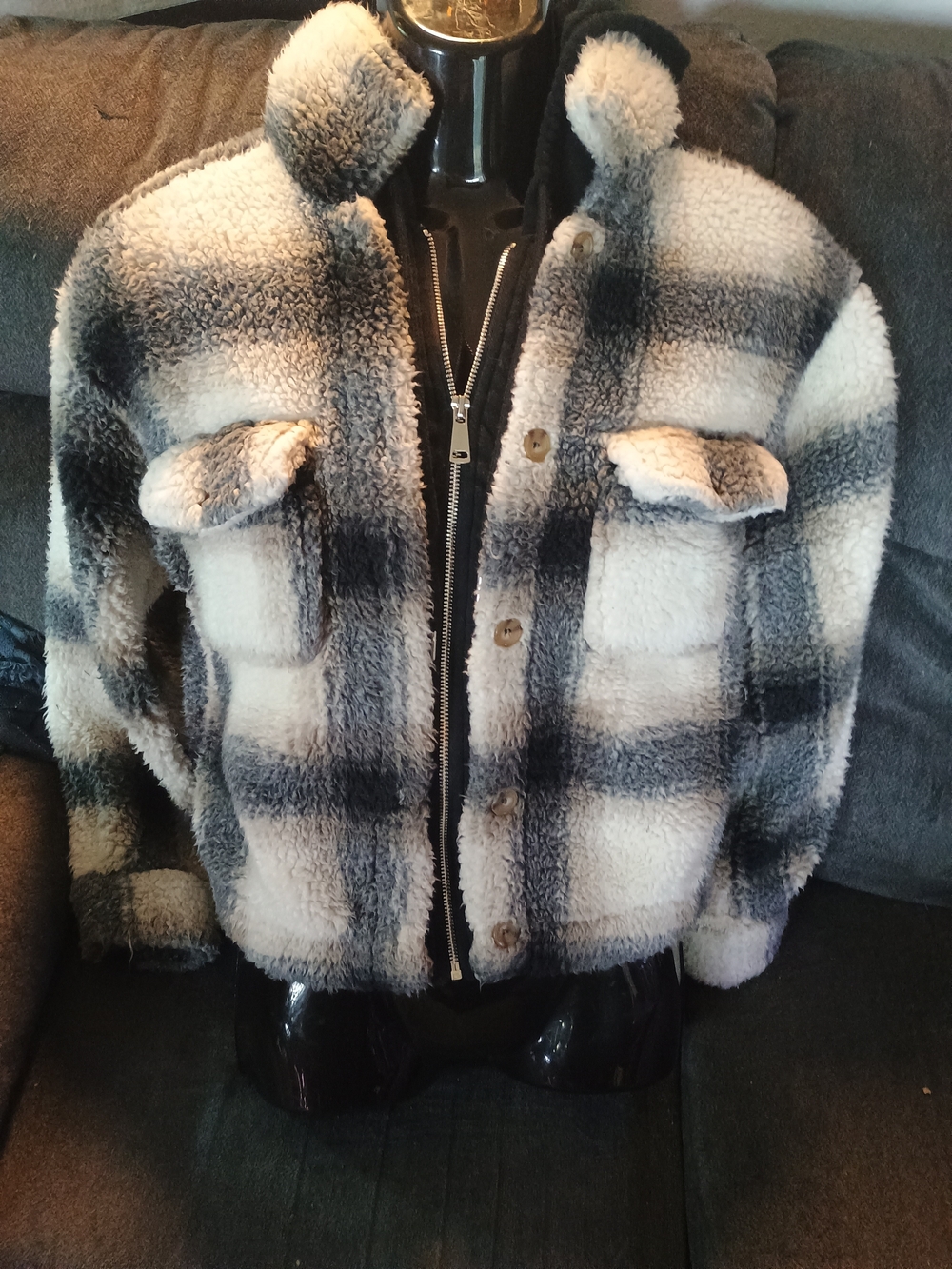 No Boundaries Women’s Small Plaid Sherpa Jacket 2 in 1 Black Hoodie Shacket
